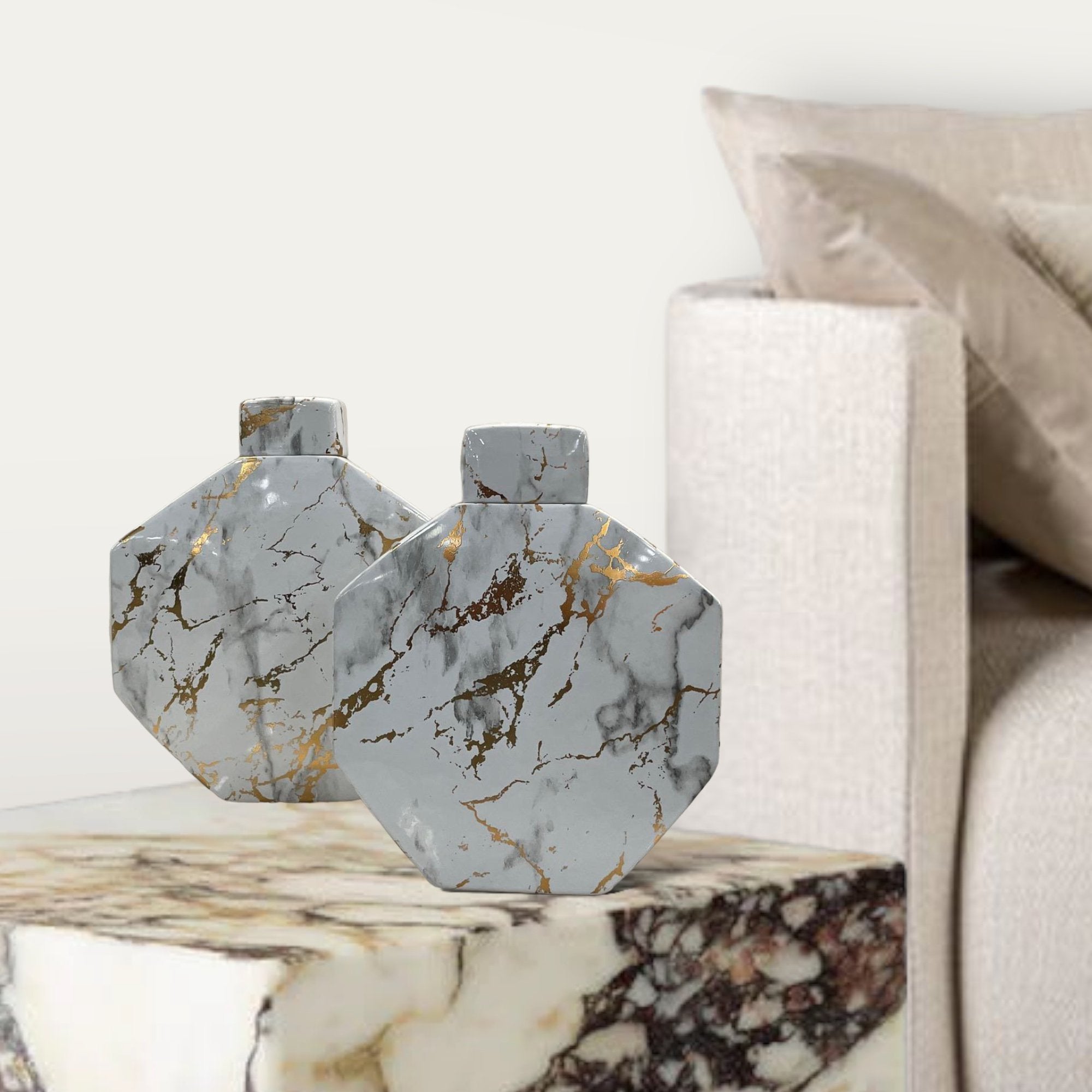 Gold Lacquer Marble Pattern Hexagon Decorative Jar small size