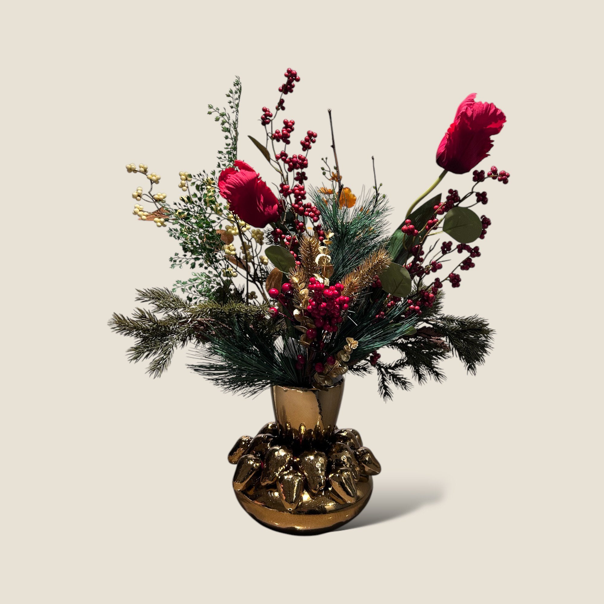 Kerstbloemcombinatie met Gouden aardbei Potten Set 03 | Zijden kunstbloem | Lengte 65CM