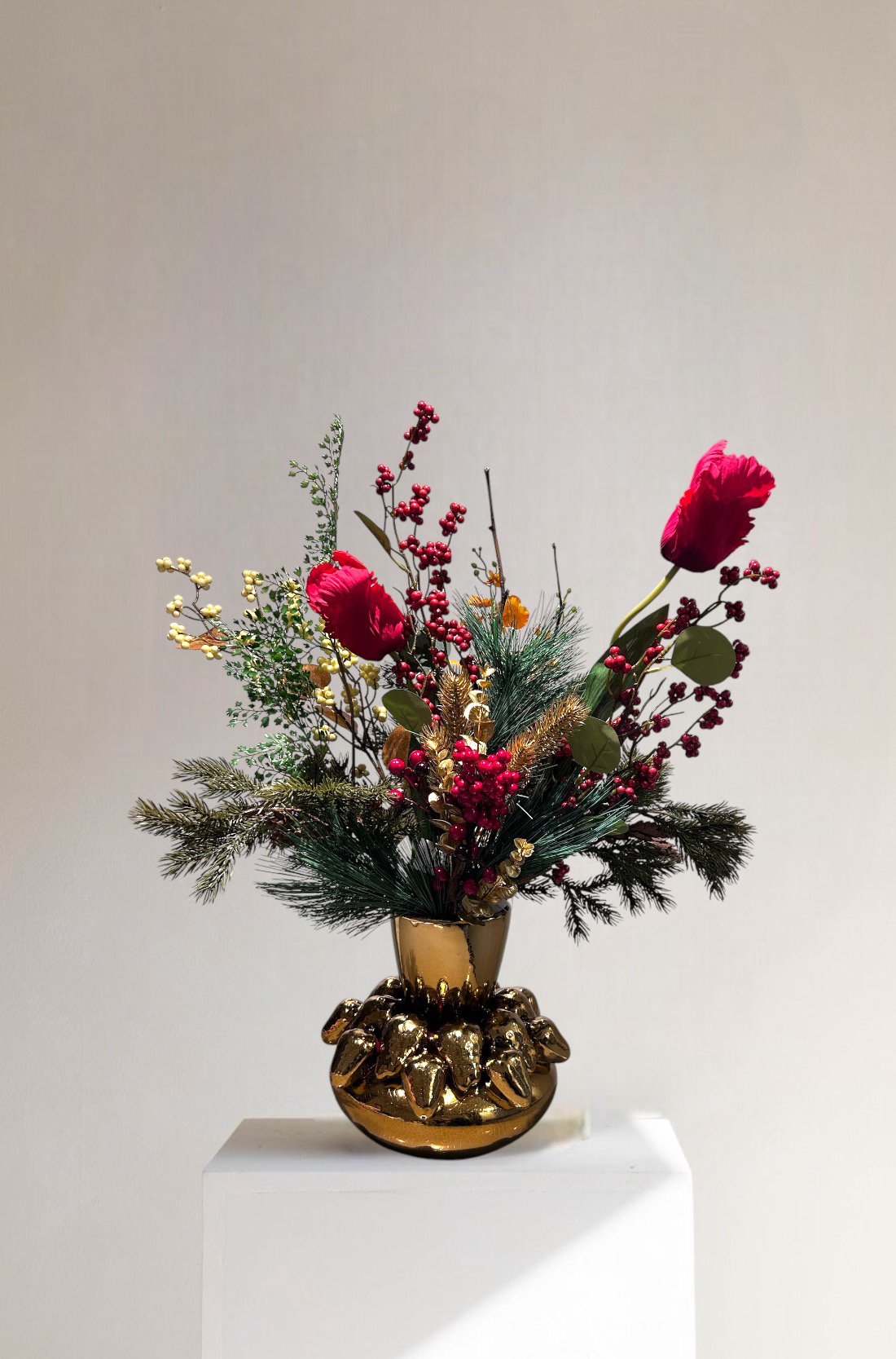 Kerstbloemcombinatie met Gouden aardbei Potten Set 03 | Zijden kunstbloem | Lengte 65CM