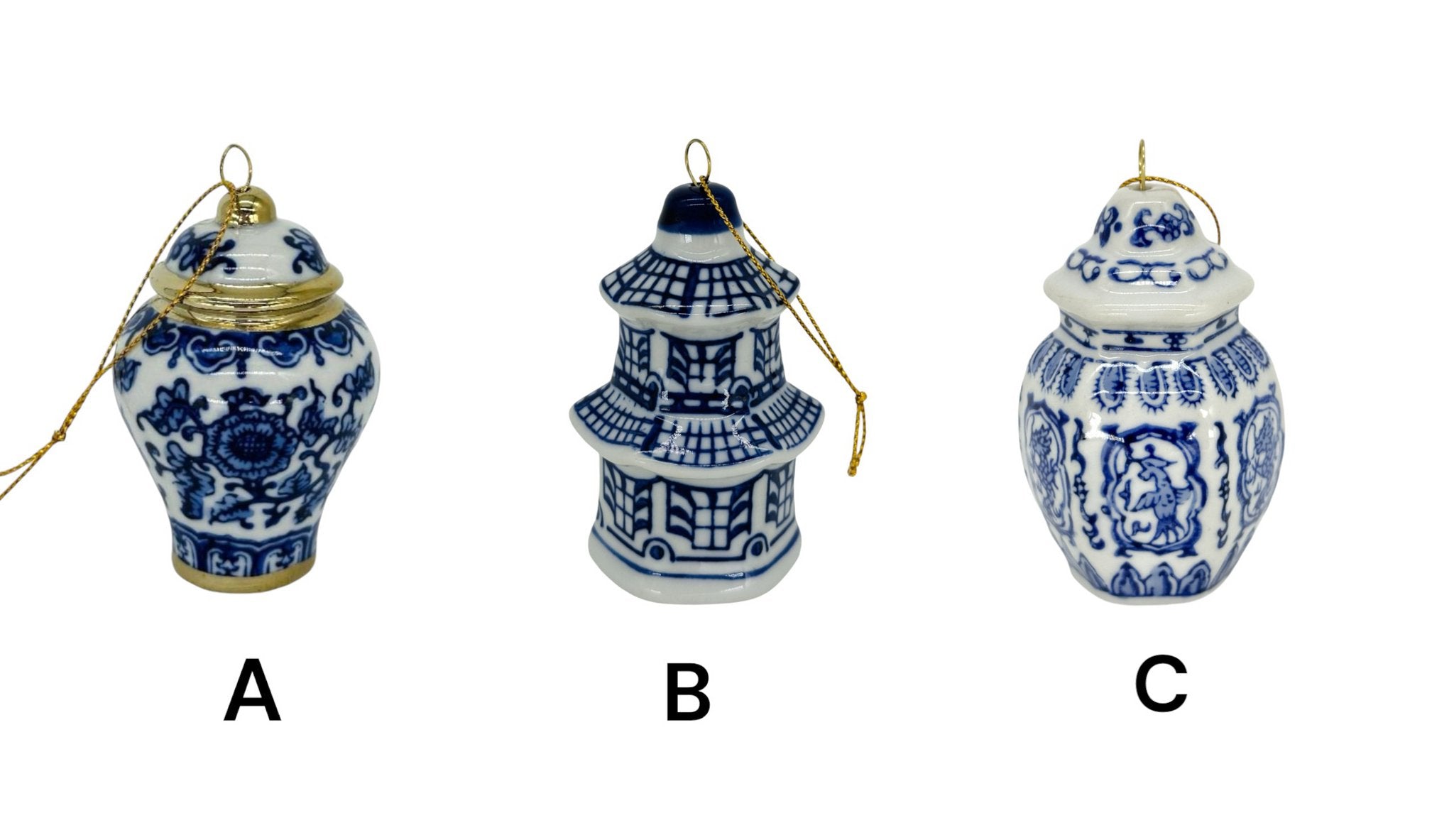 Blauw-wit porseleinen mini kersthanger C