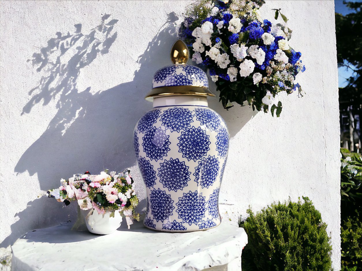 Dahlia Blue and White Porcelain Ginger Jar