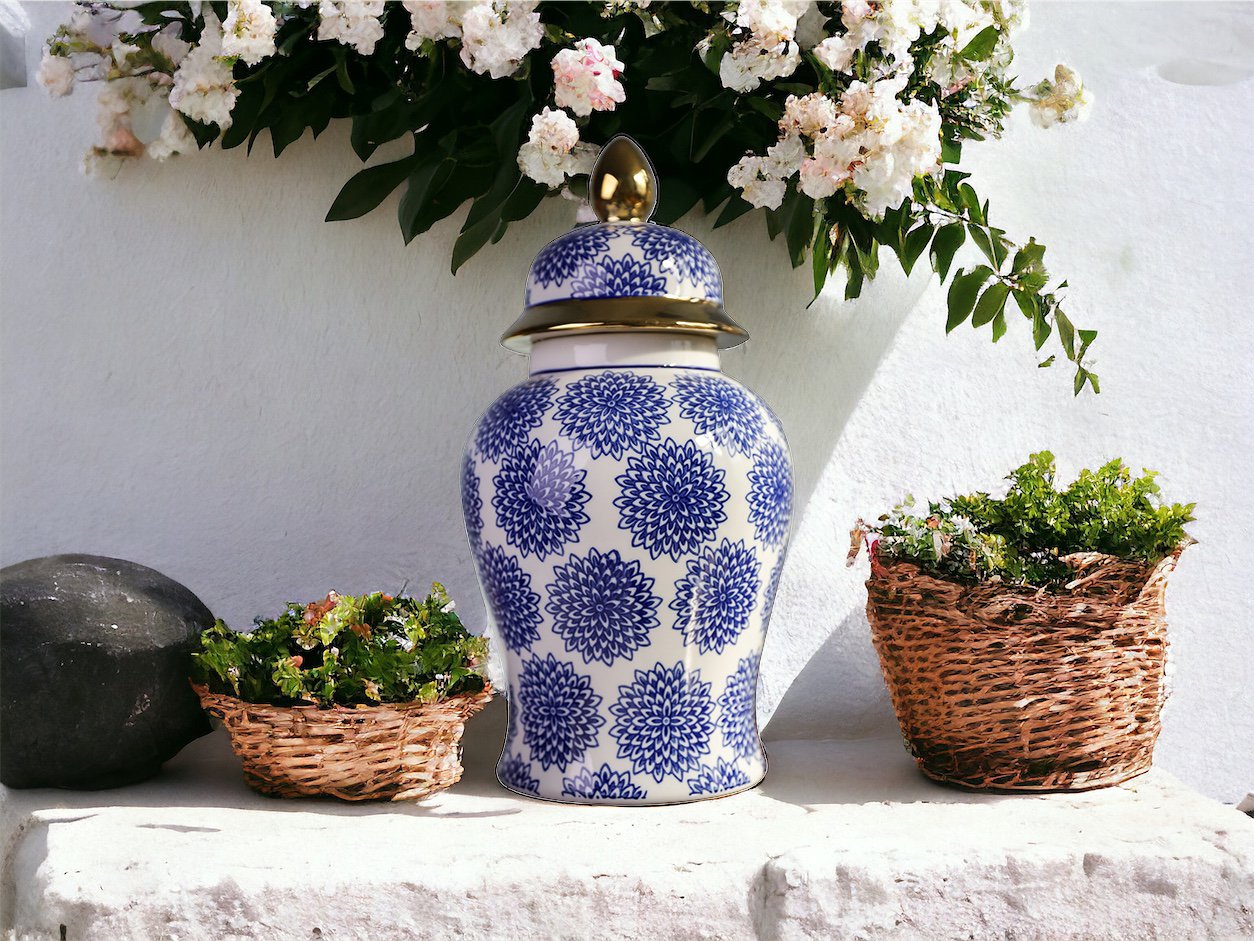 Dahlia Blue and White Porcelain Ginger Jar