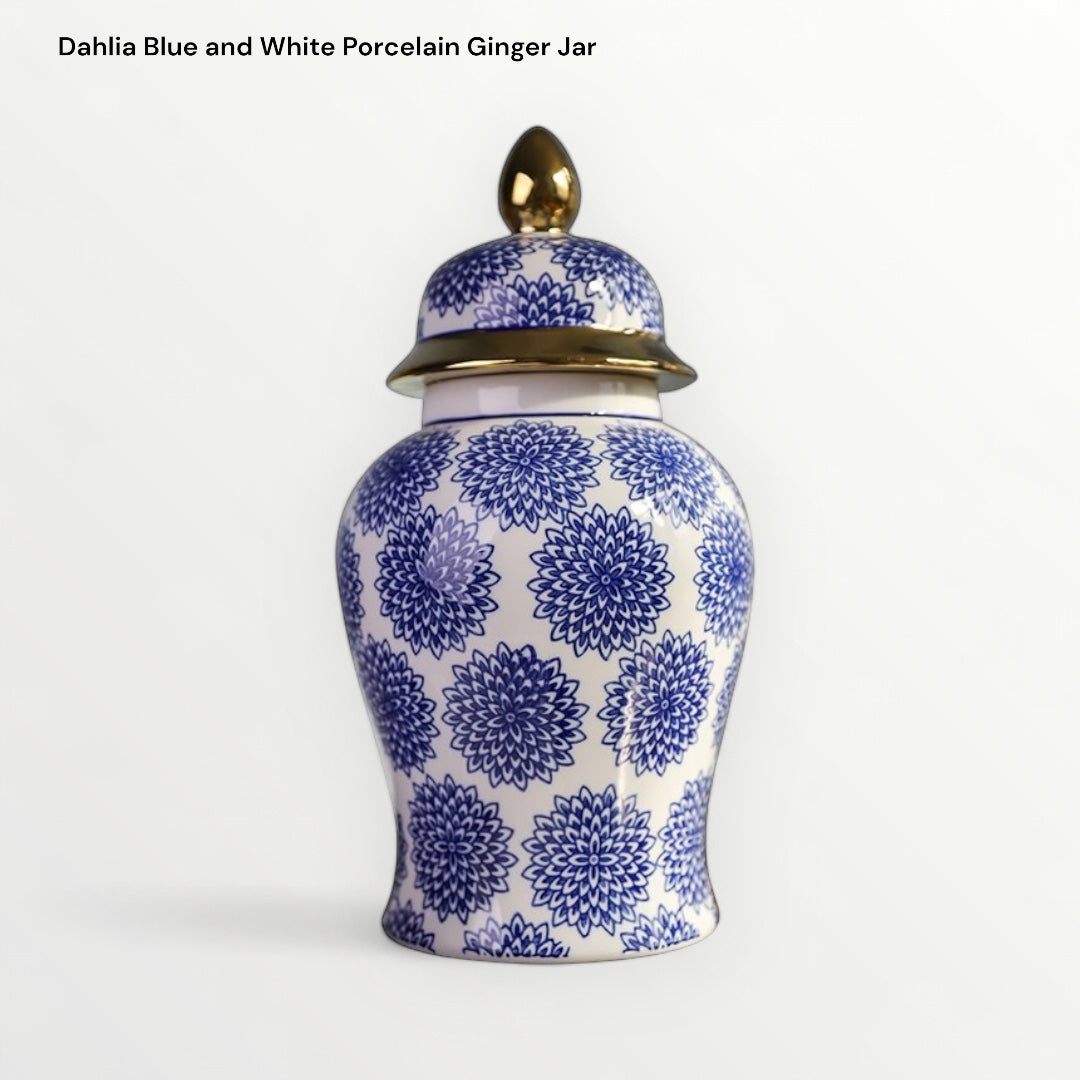 Dahlia Blue and White Porcelain Ginger Jar