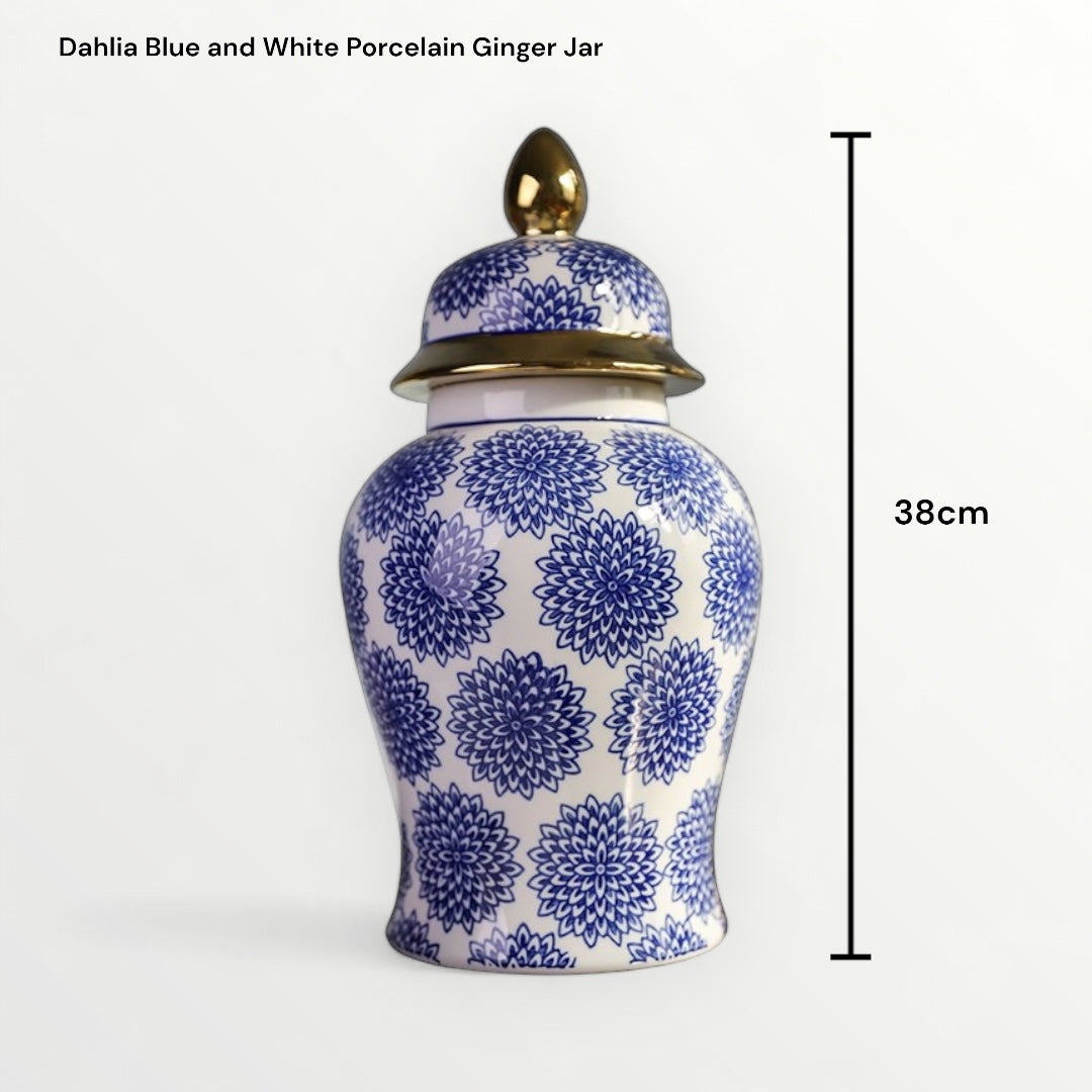 Dahlia Blue and White Porcelain Ginger Jar